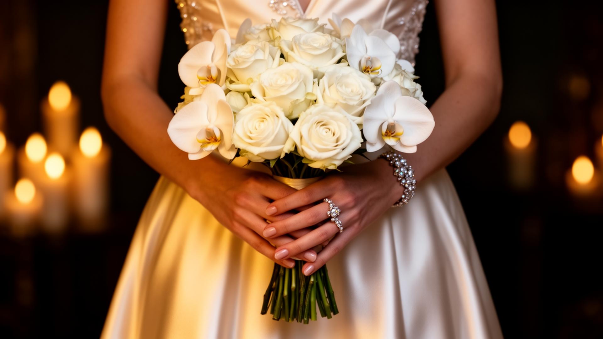 Bouquet de novia con rosas y orquídeas blancas