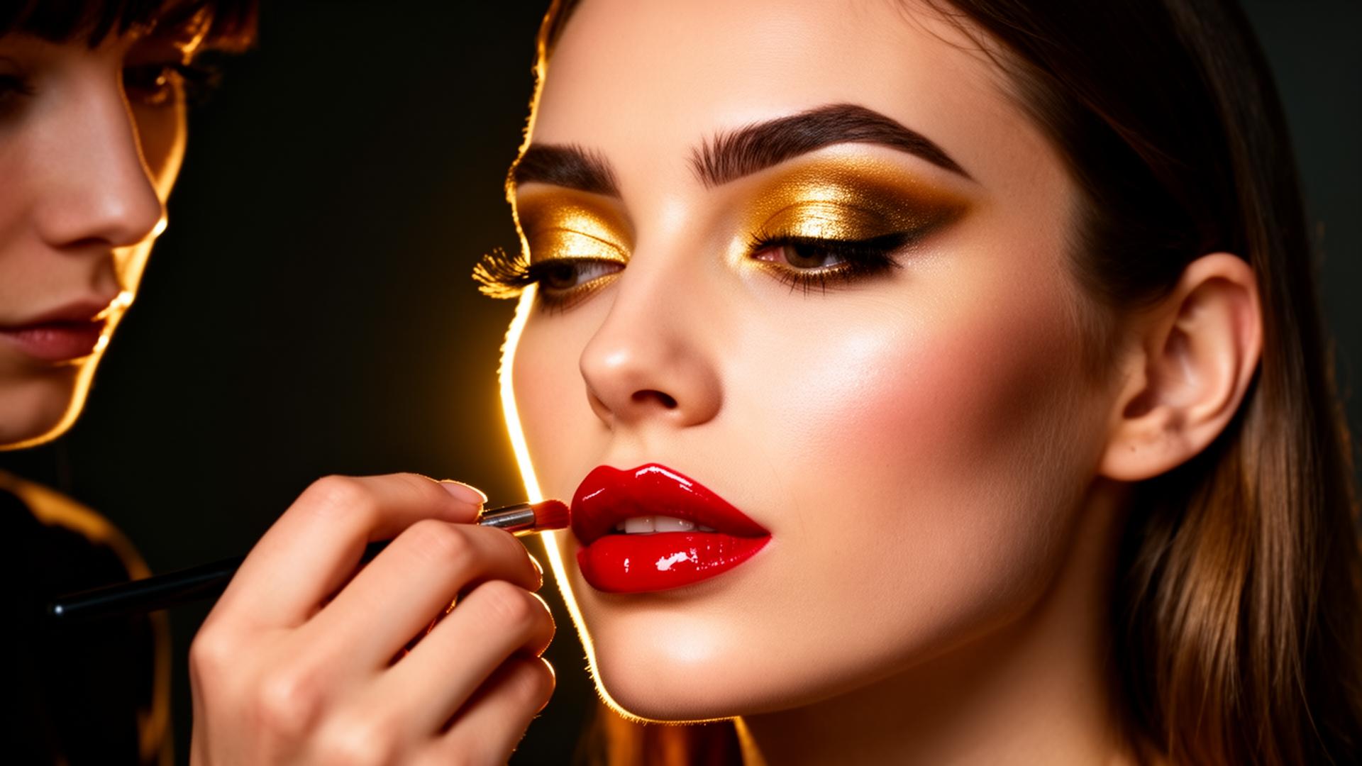 Maquillista profesional aplicando look editorial con labios rojos y sombras doradas