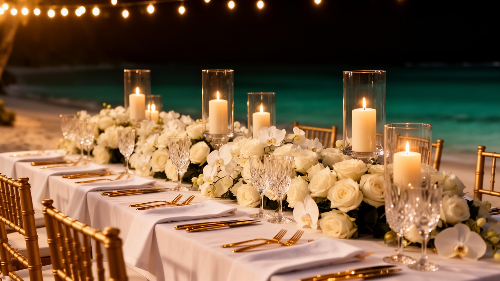 Montaje elegante de boda destino en playa con velas y flores blancas