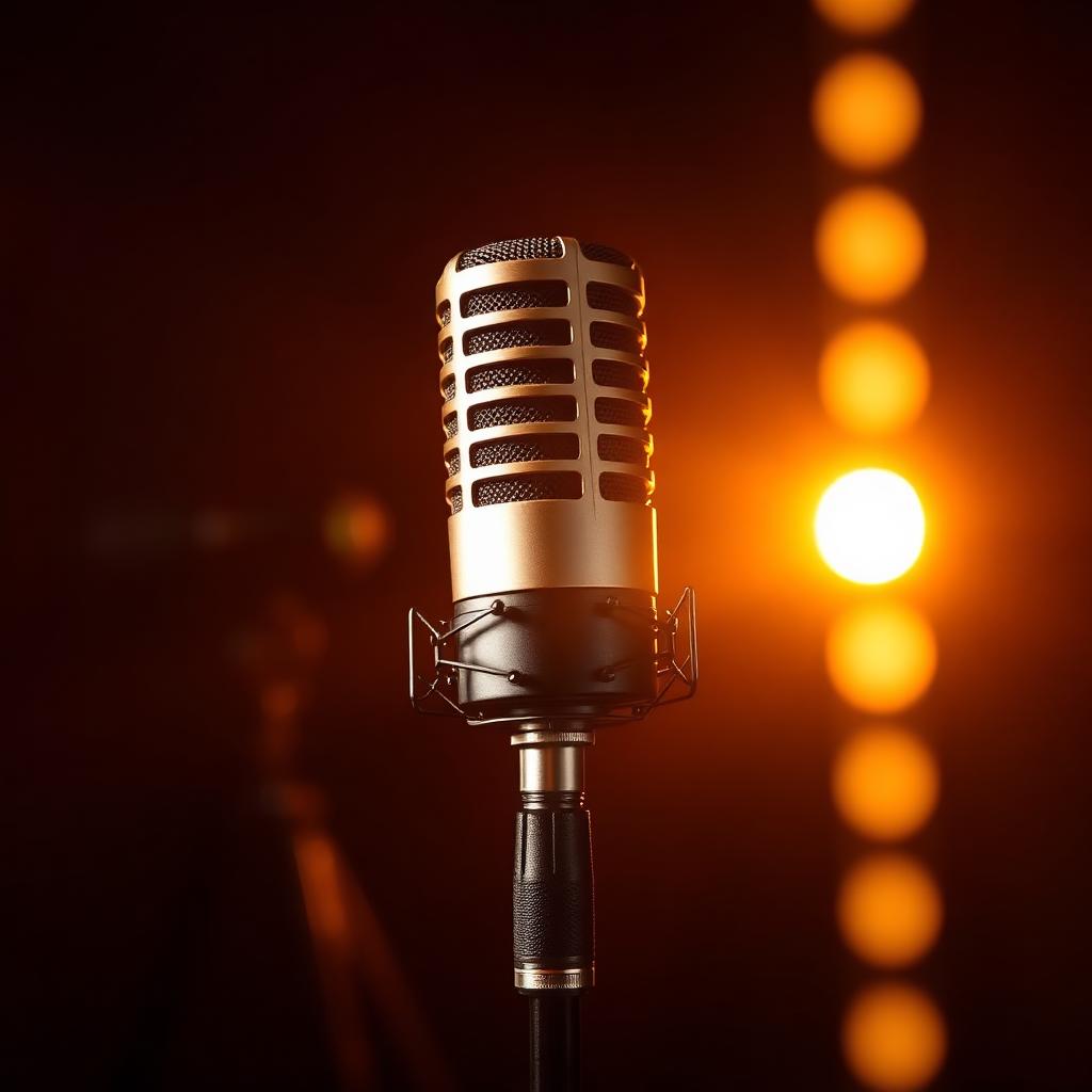 Micrófono profesional con iluminación dorada de escenario