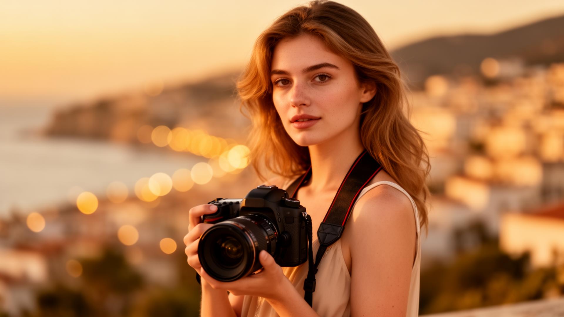 Joven fotógrafa profesional con cámara, luz dorada al atardecer
